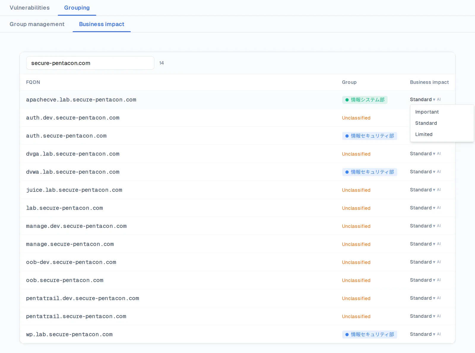 The Business Impact tab in Grouping. Each FQDN shows its group and business impact value, AI-assessed values carry an AI tag, and opening a value offers Important, Standard, and Limited